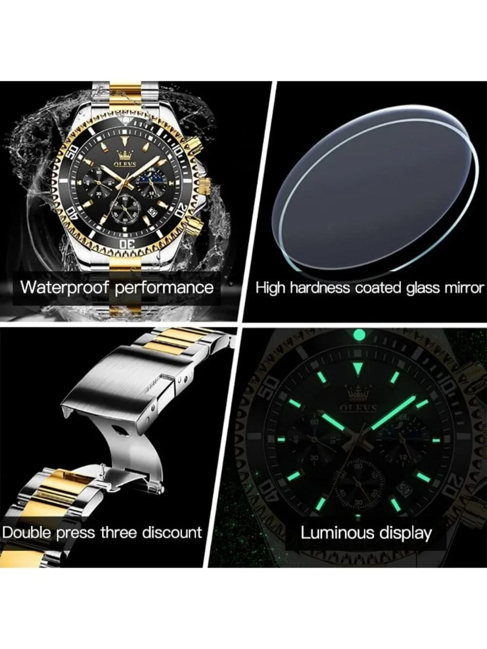 Men's Silver Black Stainless Steel Luxury Chronograph Analog Waterproof Watch